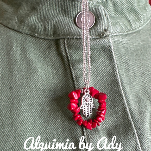 Beaded cord coral hamsa charms necklace - Picture 2 of 2